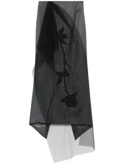 Huishan Zhang Thalia Embellished Tulle-paneled Twill Midi Skirt In Black