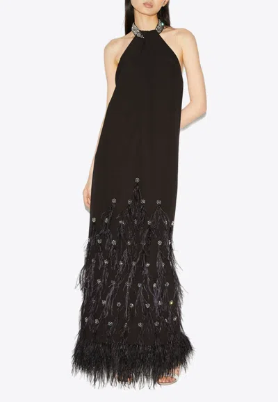 Huishan Zhang Vic Halterneck Feathered Gown In Black