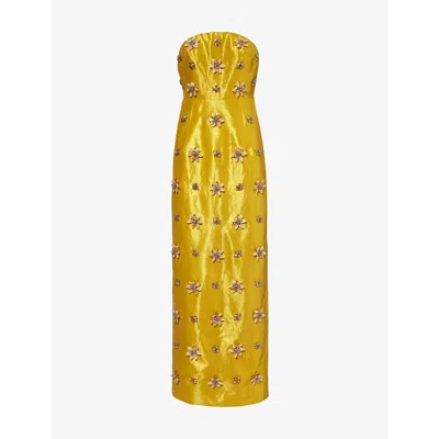 Huishan Zhang Womens Gold Lorena Floral-embellished Woven-blend Maxi Dress