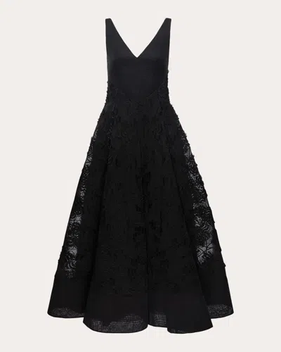 Huishan Zhang Marianela Floral Embroidered Sleeveless Fit-&-flare Midi Dress In Black