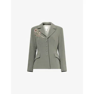 Huishan Zhang Womens Agave Green Gill Jewel-embellished Woven Blazer