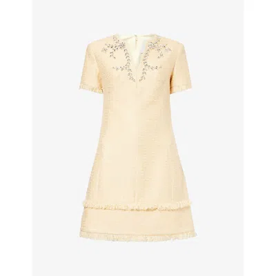 Huishan Zhang Womens Pale Yellow Cassira Jewel-embellished Tweed Mini Dress In Neutral