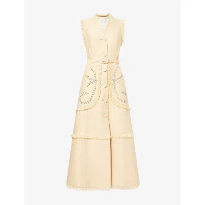 Huishan Zhang Womens Pale Yellow Corinthe Jewel-embellished Tweed Mini Dress In Neutral
