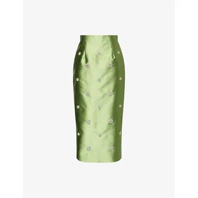 Huishan Zhang Womens Jade Vania Crystal-embellished Silk-blend Midi Skit In Green