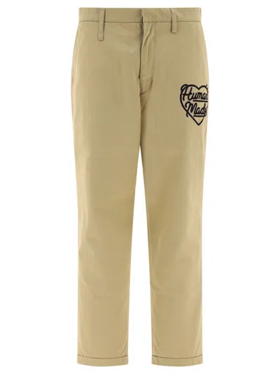 Human Made Chino Trousers With Embroidered Logo In Brown