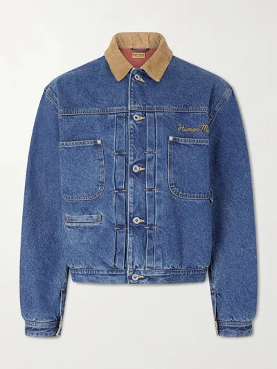 Human Made Corduroy-trimmed Logo-embroidered Denim Jacket In Blue