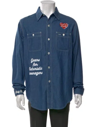 Pre-owned Human Made Graphic Print Long Sleeve Denim Shirt In Blue