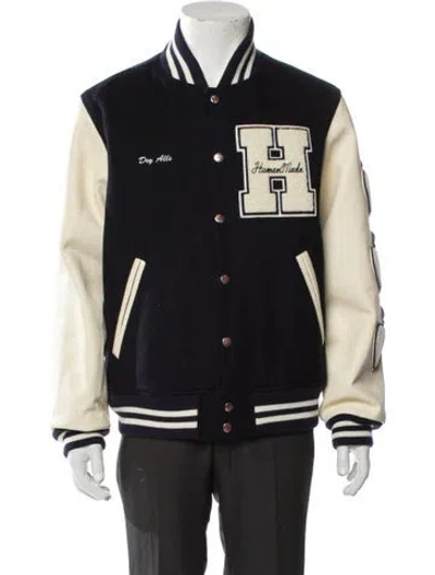 Pre-owned Human Made Leather Striped Varsity Jacket In Blue