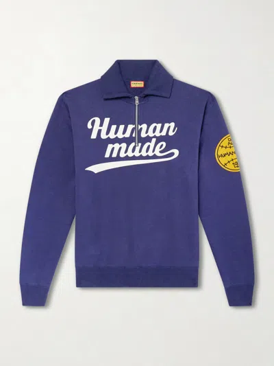 Human Made Logo-print Cotton-jersey Zip-up Sweatshirt In Blue