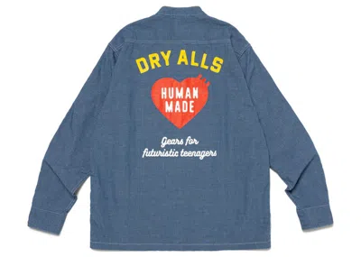 Pre-owned Human Made Men's  Stand Collar Chambray #1 Long Sleeve T-shirt In Blue