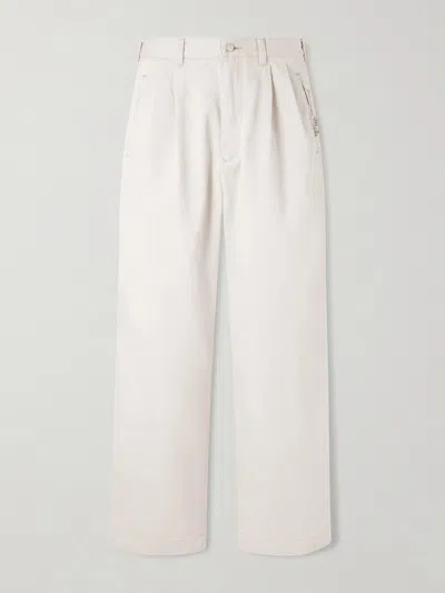 Human Made Wide-leg Logo-embroidered Pleated Cotton-twill Chinos In White