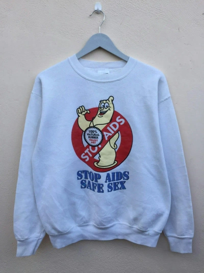Pre-owned Humor X Vintage 1990s Stop Aids Safe Sex Condoms Commercial Crewneck In White