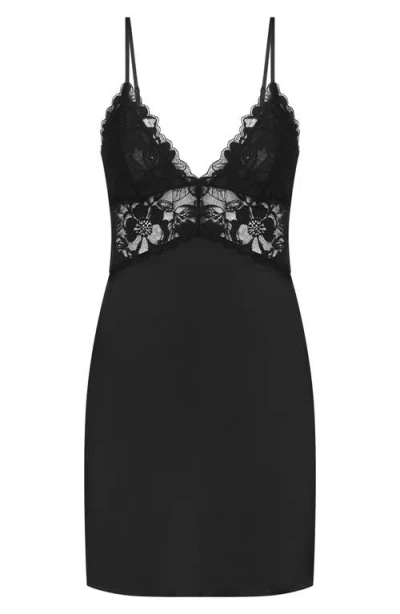 Hunkemoller Hunkemöller Ali Lace Trim Satin Chemise In Caviar