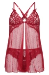 HUNKEMOLLER HUNKEMÖLLER CHARLOTTA DOT MESH & LACE CHEMISE & BRIEFS SET