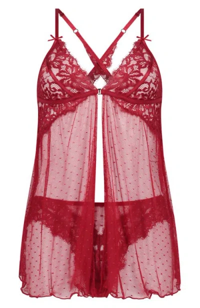 Hunkemoller Hunkemöller Charlotta Dot Mesh & Lace Chemise & Briefs Set In Red