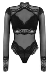 Hunkemoller Hunkemöller Daisy Long Sleeve Mesh & Lace Teddy In Caviar