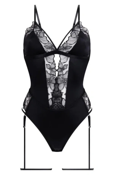 Hunkemoller Hunkemöller Jemima Bodysuit & Garter Straps Set In Caviar
