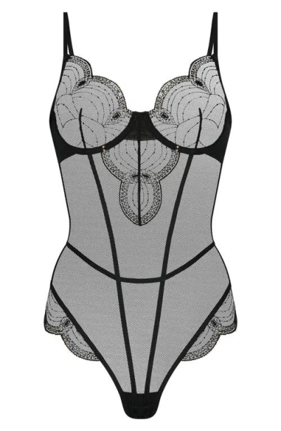 Hunkemoller Hunkemöller Ruby Embroidered Mesh Underwire Teddy In Caviar