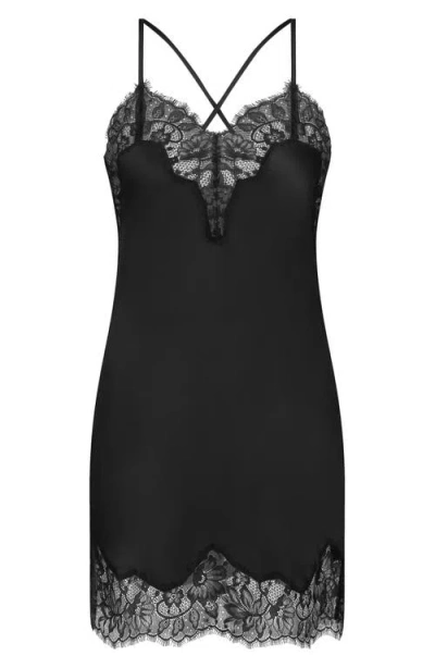 Hunkemoller Hunkemöller Valerie Lace Trim Satin Chemise In Black