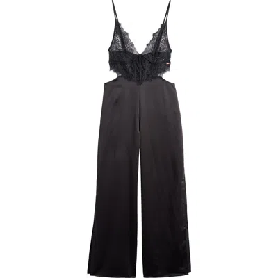 Hunkemoller Hunkemöller Zoe Cutout Lace Trim Satin Jumpsuit In Black