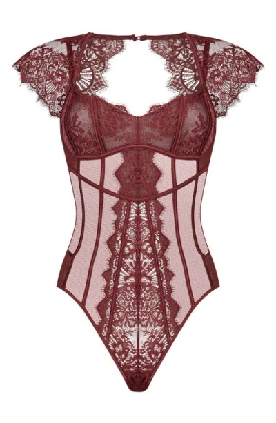 Hunkemoller Hunkemöller Zoe Mesh & Eyelash Lace Bodysuit In Pomegranate