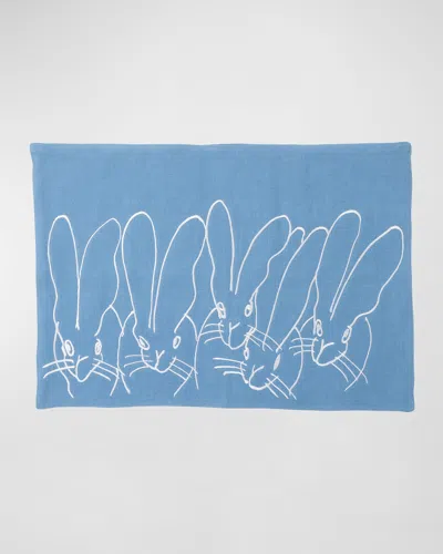 Hunt Slonem Band Of Bunnies Embroidered Linen Placemat In Blue