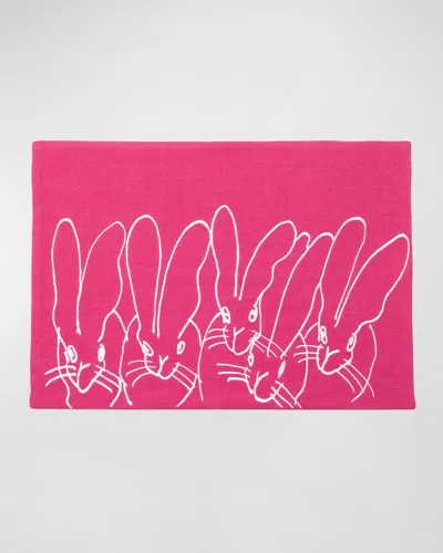 Hunt Slonem Band Of Bunnies Embroidered Linen Placemat In Pink