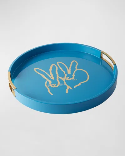 Hunt Slonem Bunny Drinks Lacquer Tray With Brass Handles In Blue