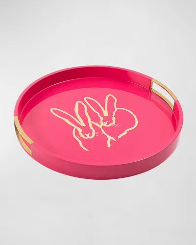 Hunt Slonem Bunny Drinks Lacquer Tray With Brass Handles In Pink