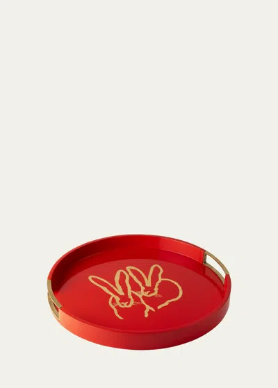 Hunt Slonem Bunny Lacquer Drink Tray With Brass Handles In Red