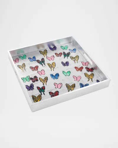 Hunt Slonem Butterflies Around The World Silver Leaf Tray In White Multi
