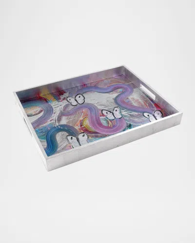 Hunt Slonem Butterfly Ribbon Silver Leaf & Lacquer Tray In Multi