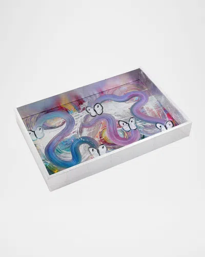 Hunt Slonem Butterfly Ribbon Silver Leaf Vanity Tray In Multi