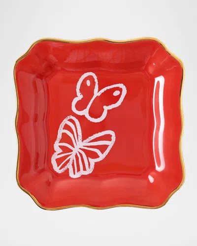 Hunt Slonem Coral Butterfly Portrait Plate In Red