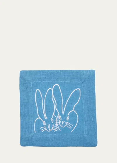 Hunt Slonem Duet Bunny Embroidered Linen Cocktail Napkins, Set Of 6 In Blue