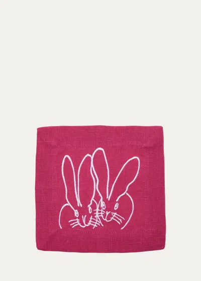Hunt Slonem Duet Bunny Embroidered Linen Cocktail Napkins, Set Of 6 In Pink