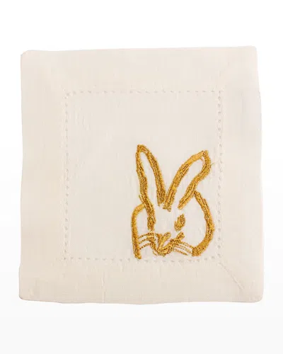 Hunt Slonem Embroidered Bunny Linen Cocktail Napkins, Set Of 6 In White/gold