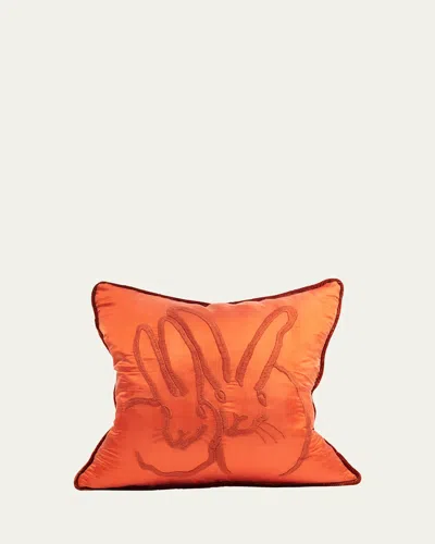 Hunt Slonem Embroidered Bunny Silk Pillow, 18" In Orange