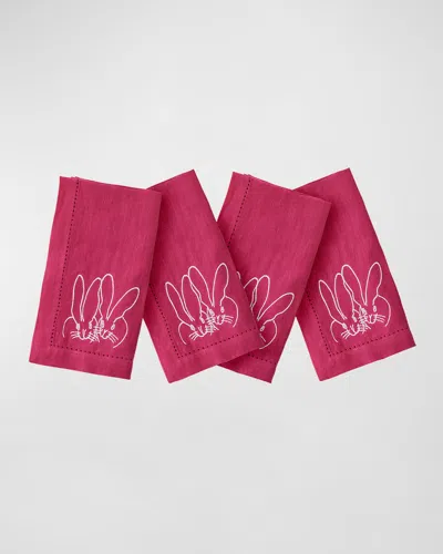 Hunt Slonem Embroidered Duet Bunny Linen Dinner Napkin In Pink
