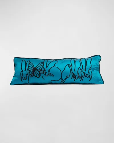 Hunt Slonem Embroidered Silk & Velvet Menagerie Pillow, 14" X 35" In Blue