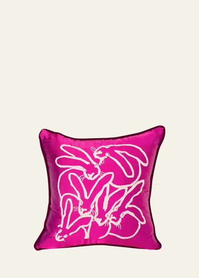 Hunt Slonem Embroidered Silk & Velvet Seven Bunny Pillow, 22" In Magenta