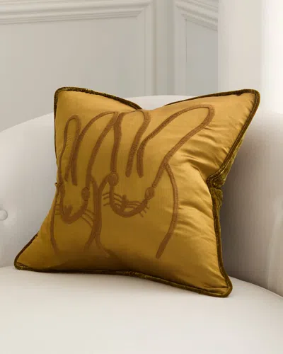 Hunt Slonem Hand-embroidered Bunny Decorative Silk Pillow In Olive Green