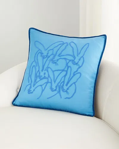 Hunt Slonem Hand-embroidered Silk Bunny Pillow In New Blue