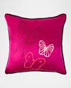 Hunt Slonem Hand-embroidered Silk Pillow With Velvet Back, 22" Square In Pink