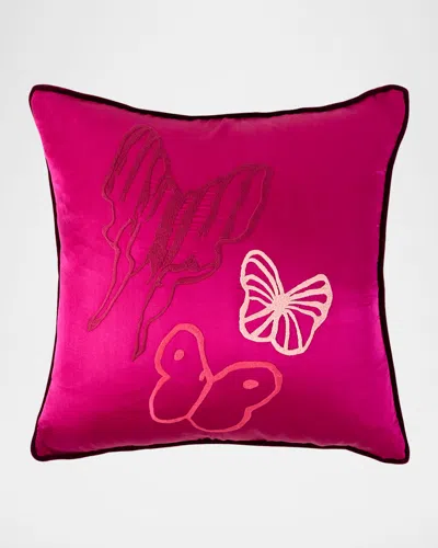 Hunt Slonem Hand-embroidered Silk Pillow With Velvet Back, 22" Square In Pink