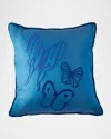 Hunt Slonem Hand-embroidered Silk Pillow With Velvet Back, 22" Square In Sky Blue