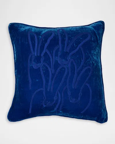 Hunt Slonem Hand-embroidered Velvet Bunny Pillow, 22" Square In Blue