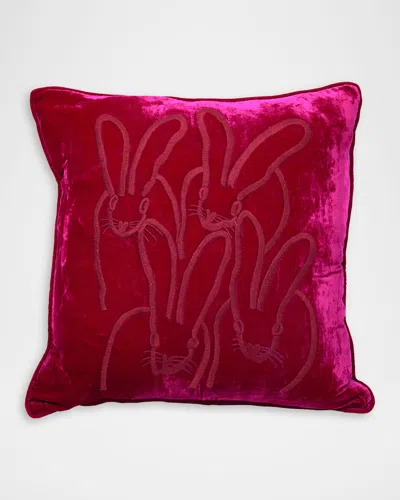 Hunt Slonem Hand-embroidered Velvet Bunny Pillow, 22" Square In Red