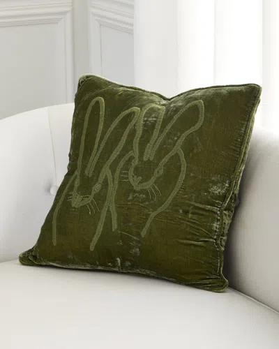 Hunt Slonem Hand-embroidered Velvet Decorative Pillow, 20" Square In Green