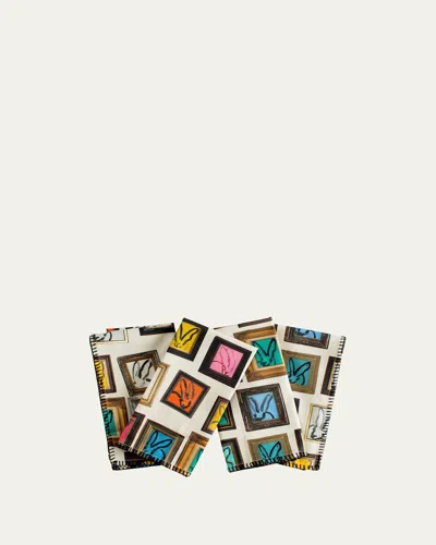 Hunt Slonem Hunts Studio Cotton Dinner Napkins W/ Black Whipstitch, 20"sq. In Multi